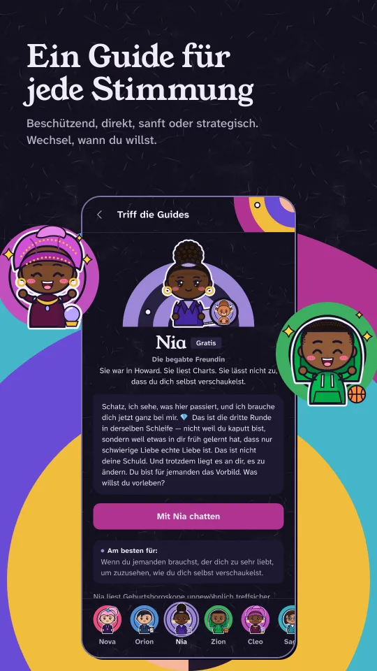 Die Guides: Nia, gezeichnet auf einem violetten Orbit, darunter eine Reihe weiterer Guides zur Auswahl.