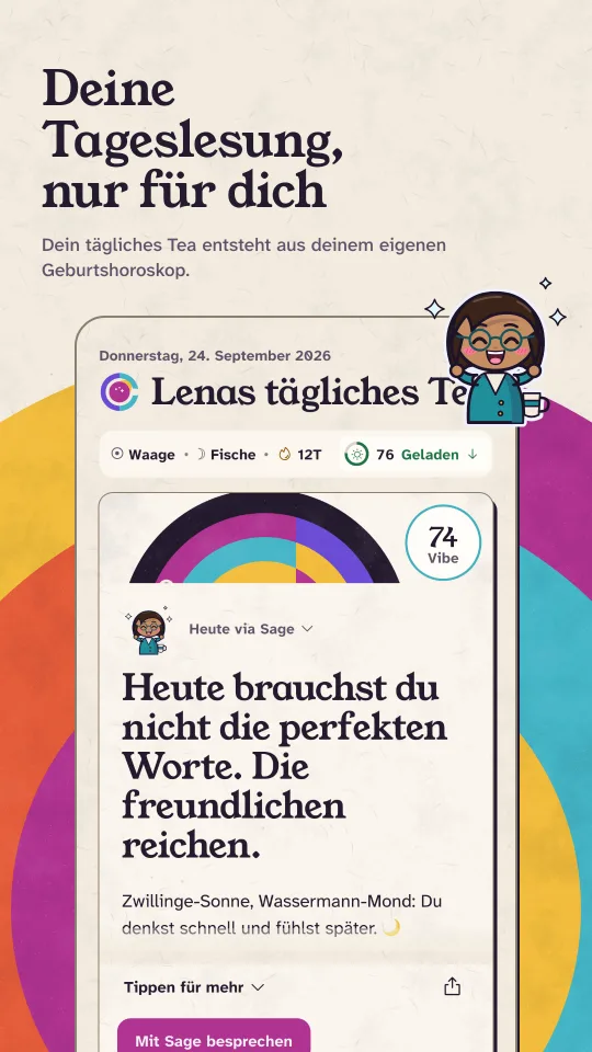 Tägliches Tea im hellen Modus: Sages Deutung für Zwillinge-Sonne und Wassermann-Mond, Vibe 74.