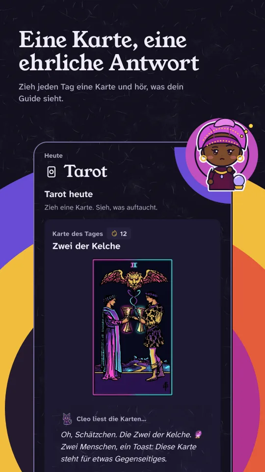 Tarot im dunklen Modus: Die Tageskarte ist die Zwei der Kelche, mit Cleos kurzer Deutung.