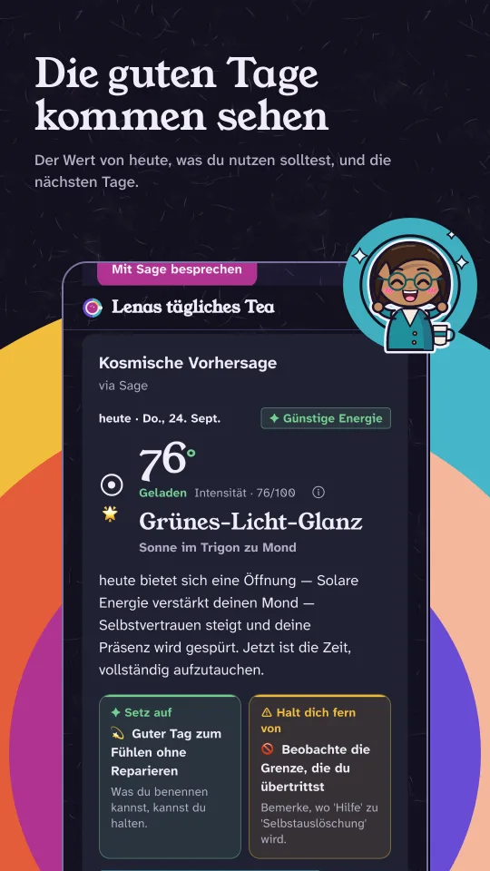 Kosmische Vorschau im dunklen Modus: der Wert von heute, was du nutzen und was du meiden solltest, dazu fünf Tage.