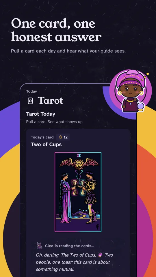 Tarot tab in dark mode: today's card is the Two of Cups, with Cleo's short reading about something mutual.