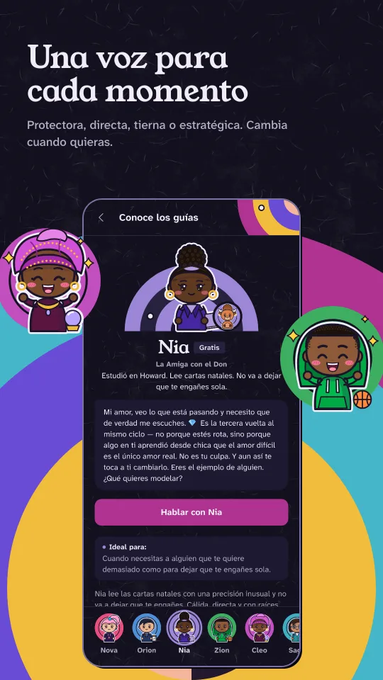 Conoce a las guías: Nia, dibujada sobre una órbita violeta, con una fila de retratos de otras guías para elegir.
