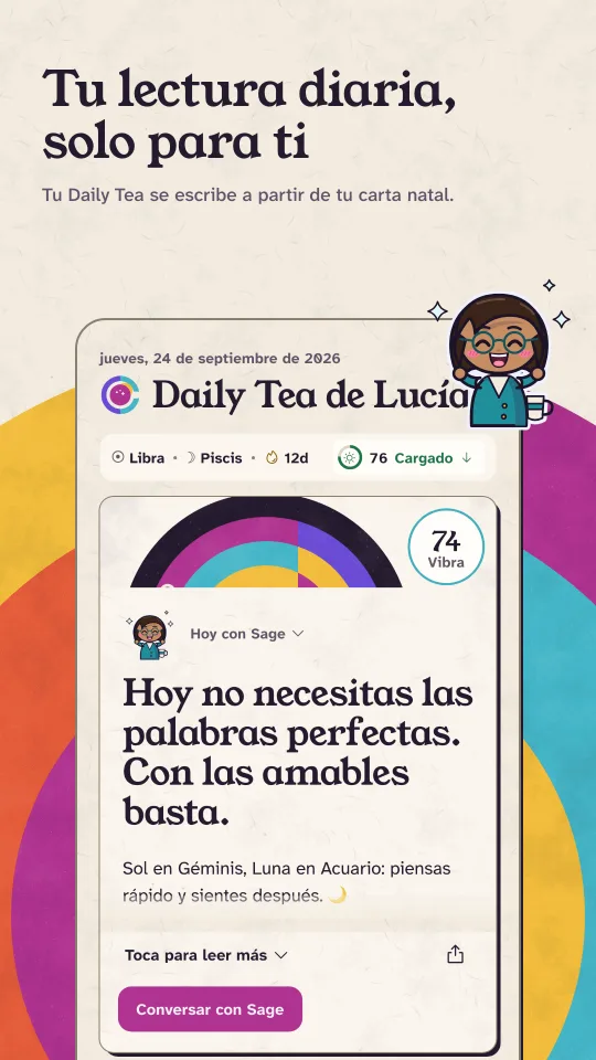 Daily Tea en modo claro: la lectura de Sage para un Sol en Géminis y Luna en Acuario, con un 74 de vibra.