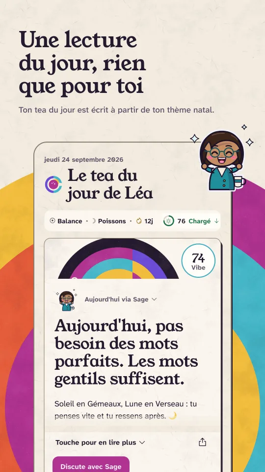 Le tea du jour en mode clair : la lecture de Sage pour un Soleil Gémeaux et une Lune Verseau, vibe 74.