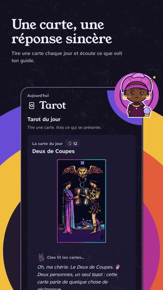 Tarot en mode sombre : la carte du jour est le Deux de Coupes, avec la courte lecture de Cleo.