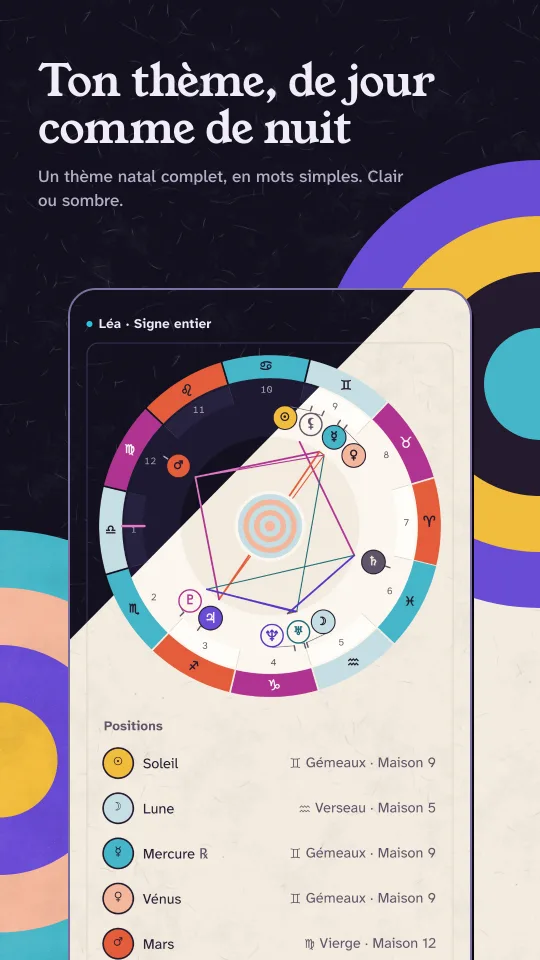 Une roue de thème natal avec la liste des planètes, coupée en diagonale entre mode sombre et mode clair.