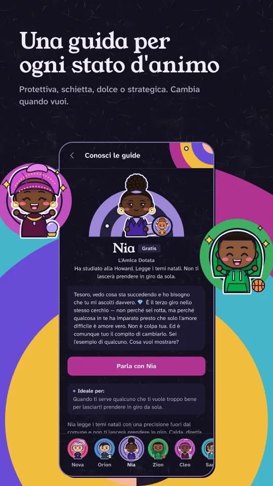 Le guide: Nia, disegnata su un'orbita viola, sopra una fila di altre guide tra cui scegliere.