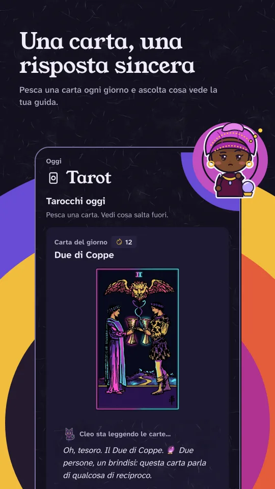 Tarocchi in modalità scura: la carta del giorno è il Due di Coppe, con la breve lettura di Cleo.