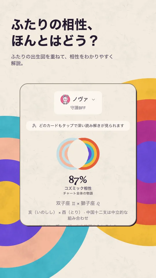 ライトモードの相性画面。重なるふたつの軌道と、双子座と獅子座のコズミック相性スコア。