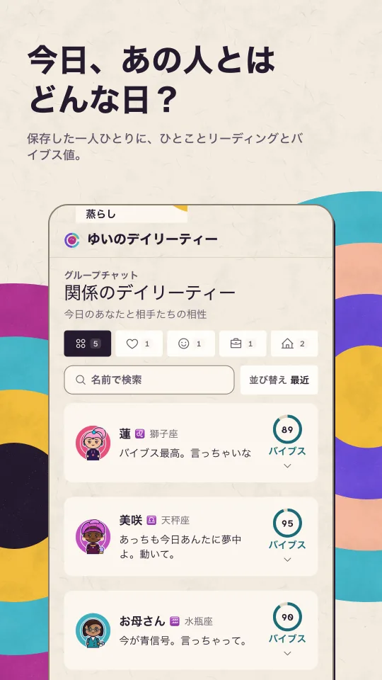 ライトモードの関係デイリーティー。保存した5人それぞれへの、ひとことリーディングとバイブス値。