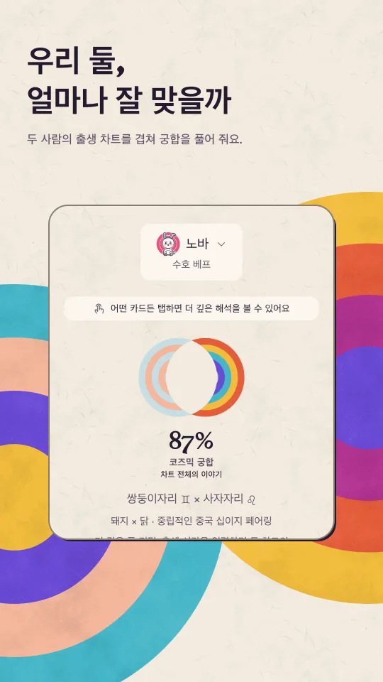라이트 모드의 궁합 화면: 겹쳐진 두 궤도와 쌍둥이자리·사자자리의 코즈믹 궁합 점수.