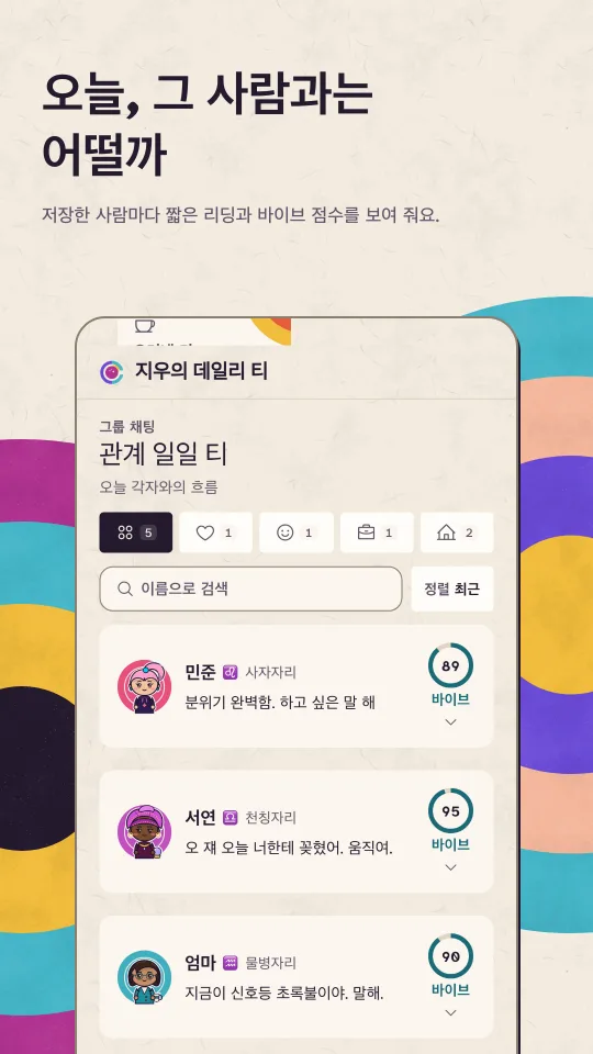 라이트 모드의 관계 데일리 티: 저장한 다섯 사람 각각에 대한 한 줄 리딩과 바이브 점수.