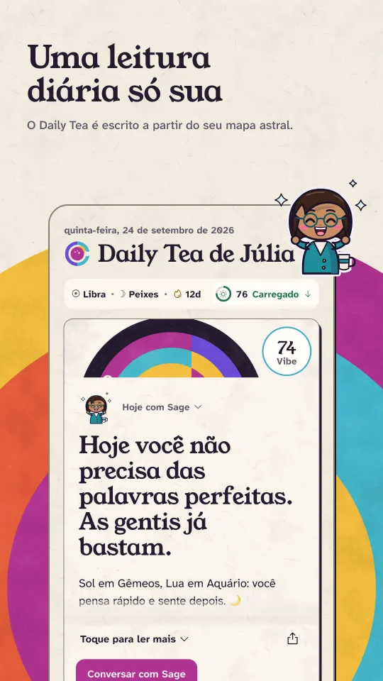 Daily Tea no modo claro: a leitura da Sage para Sol em Gêmeos e Lua em Aquário, com vibe 74.