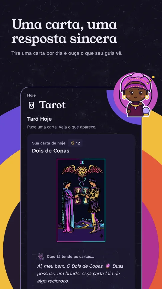 Tarô no modo escuro: a carta do dia é o Dois de Copas, com a leitura curta da Cleo sobre algo recíproco.