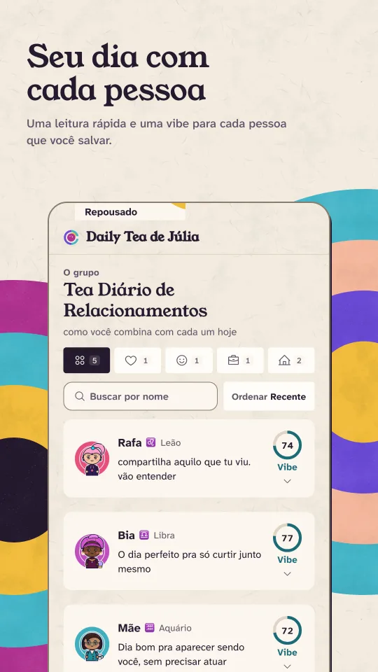 Daily Tea de relacionamentos no modo claro: uma frase e uma vibe para cada uma das cinco pessoas salvas.