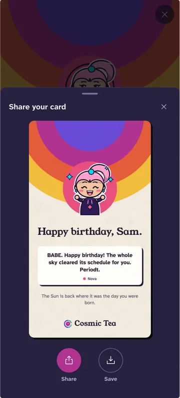 A birthday card from Nova reading Happy birthday, Sam, with share and save buttons.