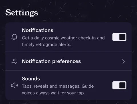 The Settings screen with Notifications, Notification preferences and a Sounds switch.