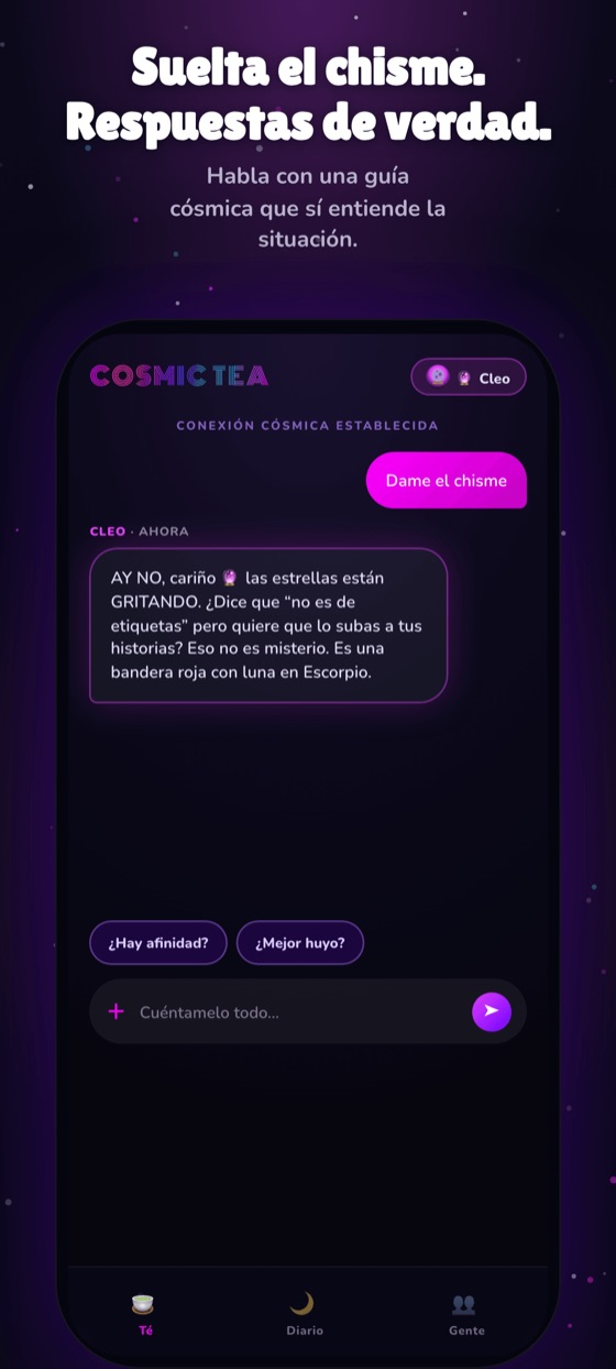 Un chat de Cosmic Tea: una guía leyendo una relación en lenguaje claro.