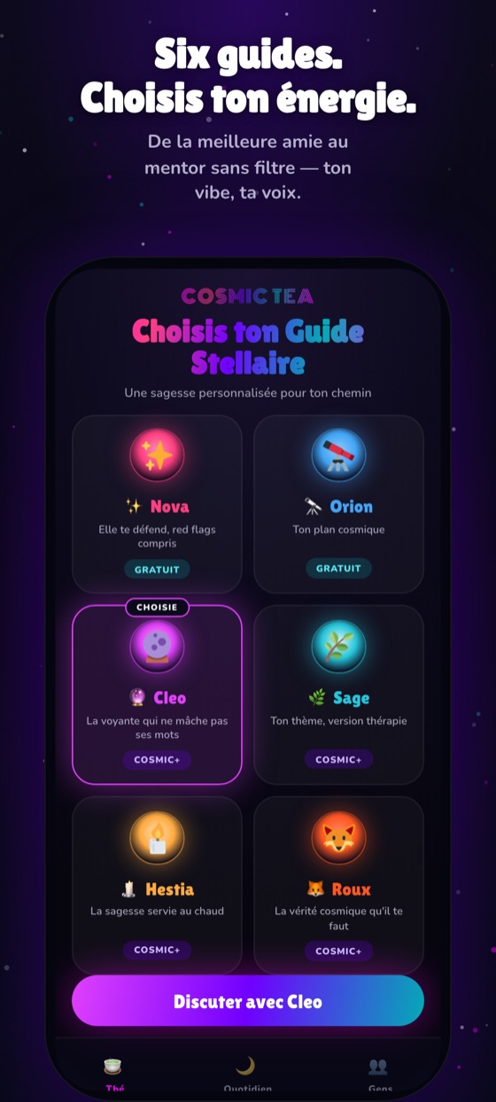 Le sélecteur de guides : chacun avec son nom, son style et sa phrase.