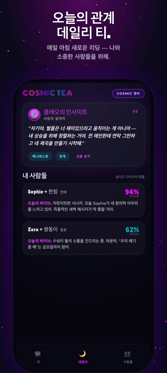 데일리 티 화면. 오늘의 트랜짓과 그게 당신에게 뜻하는 것.